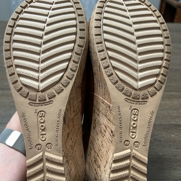 Crocs Women's A-Leigh Cork Heel Peep Toe Leather Slingback Tan Sandals Size‎ 10 - Picture 9 of 14